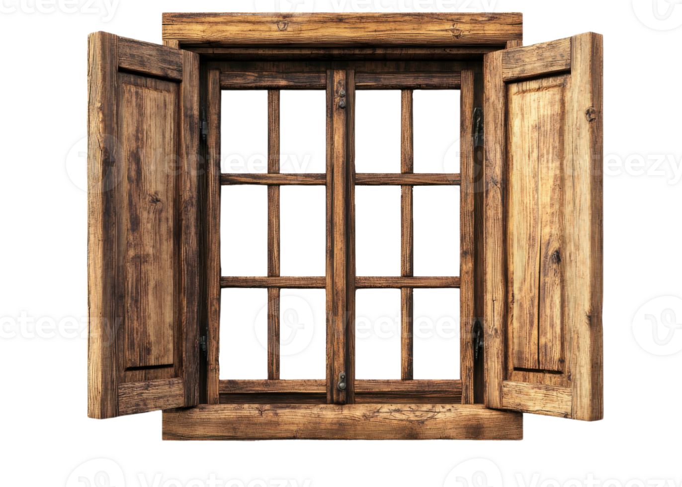 Rustic wooden window with shutters isolated on transparent background png