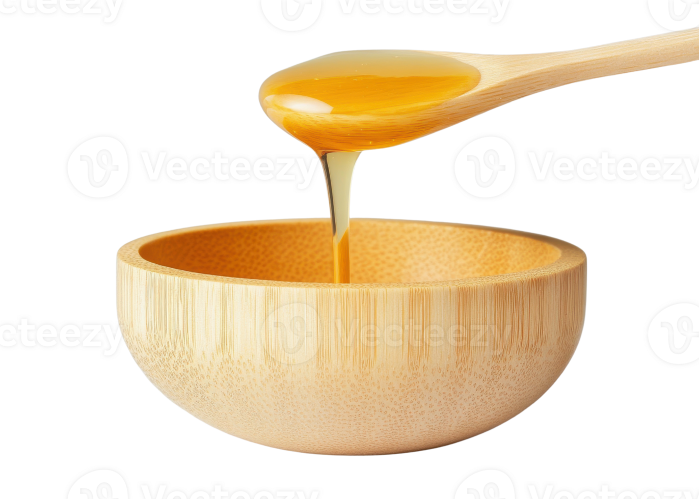 Honey pouring from wooden spoon into bowl isolated on transparent background png