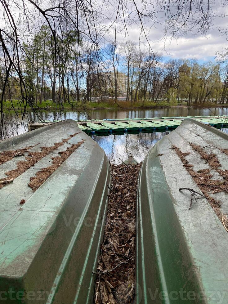 Rowing Boats Positioned Near Calm Water With Trees in Background Under Cloudy Sky photo