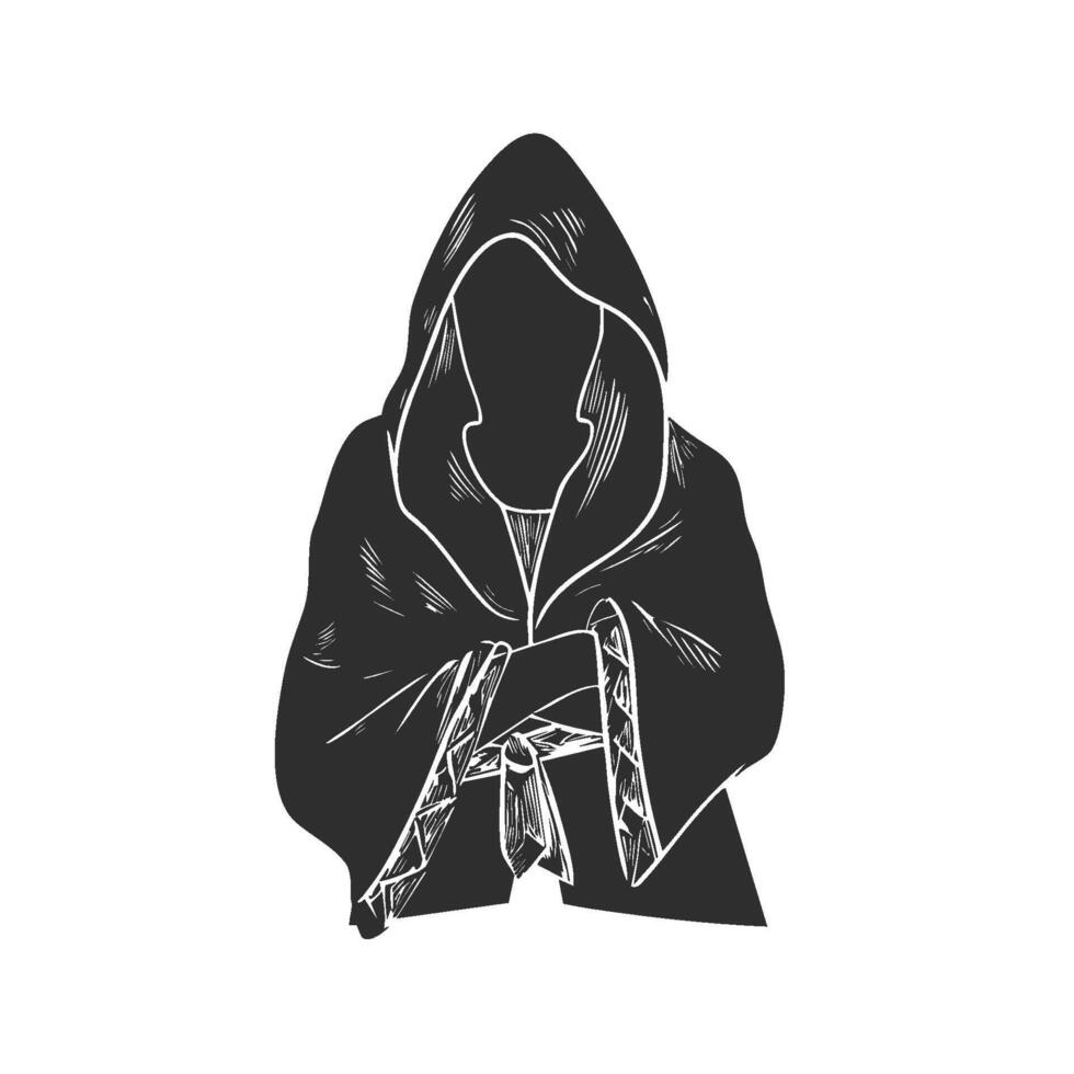 Hooded Figure In Cloak Silhouette Illustration. Mysterious And Enigmatic Character Design Isolated Illustration vector