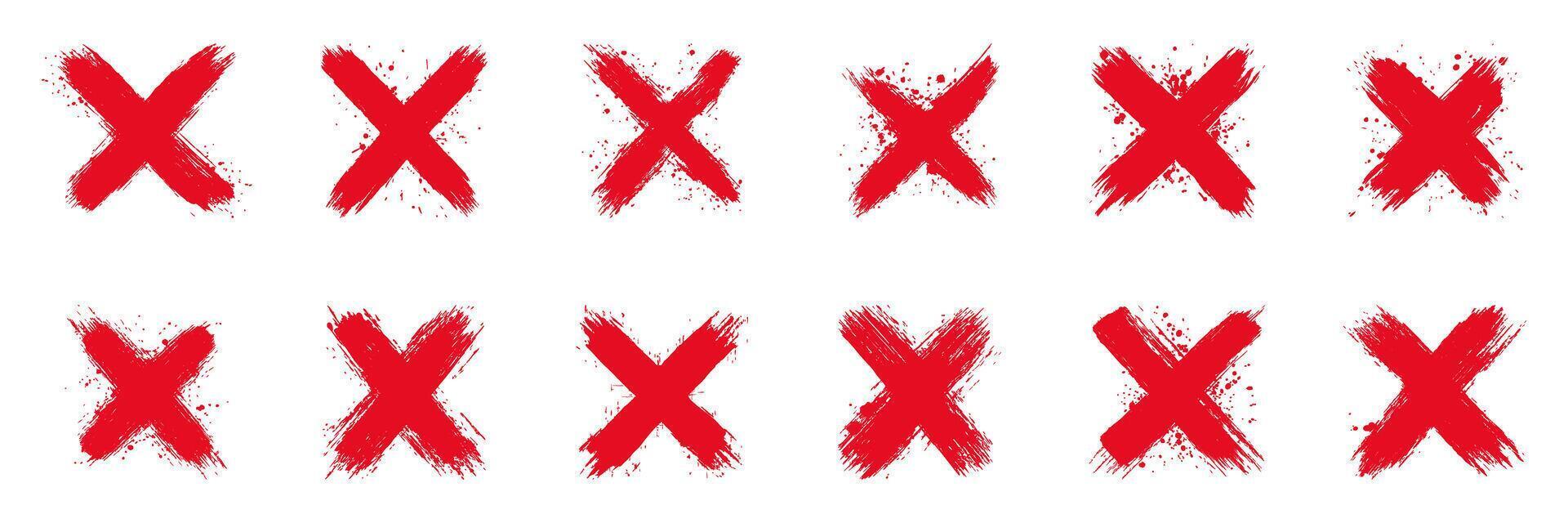 Red Brushstroke X Marks Set. Symbol Of Error And Rejection. Grunge Style Collection. Isolated Illustration vector