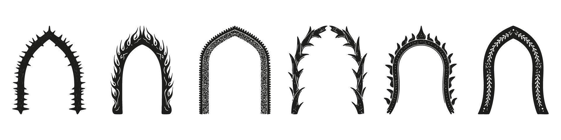Decorative Gothic Archway Designs Set. Ornamental And Architectural Elements Collection. Isolated Illustration vector