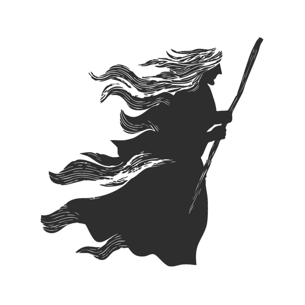 Witch With Flowing Hair And Staff Silhouette Illustration. Mystical And Magical Theme Isolated Illustration vector