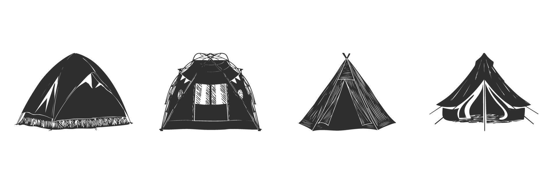 Camping Tent Silhouette Set. Outdoor Adventure And Shelter Concepts Isolated Illustration Collection vector