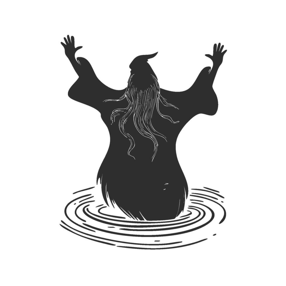 Wizard Casting Spell In Water Silhouette Illustration. Mystical Magic And Fantasy Theme Isolated Illustration vector