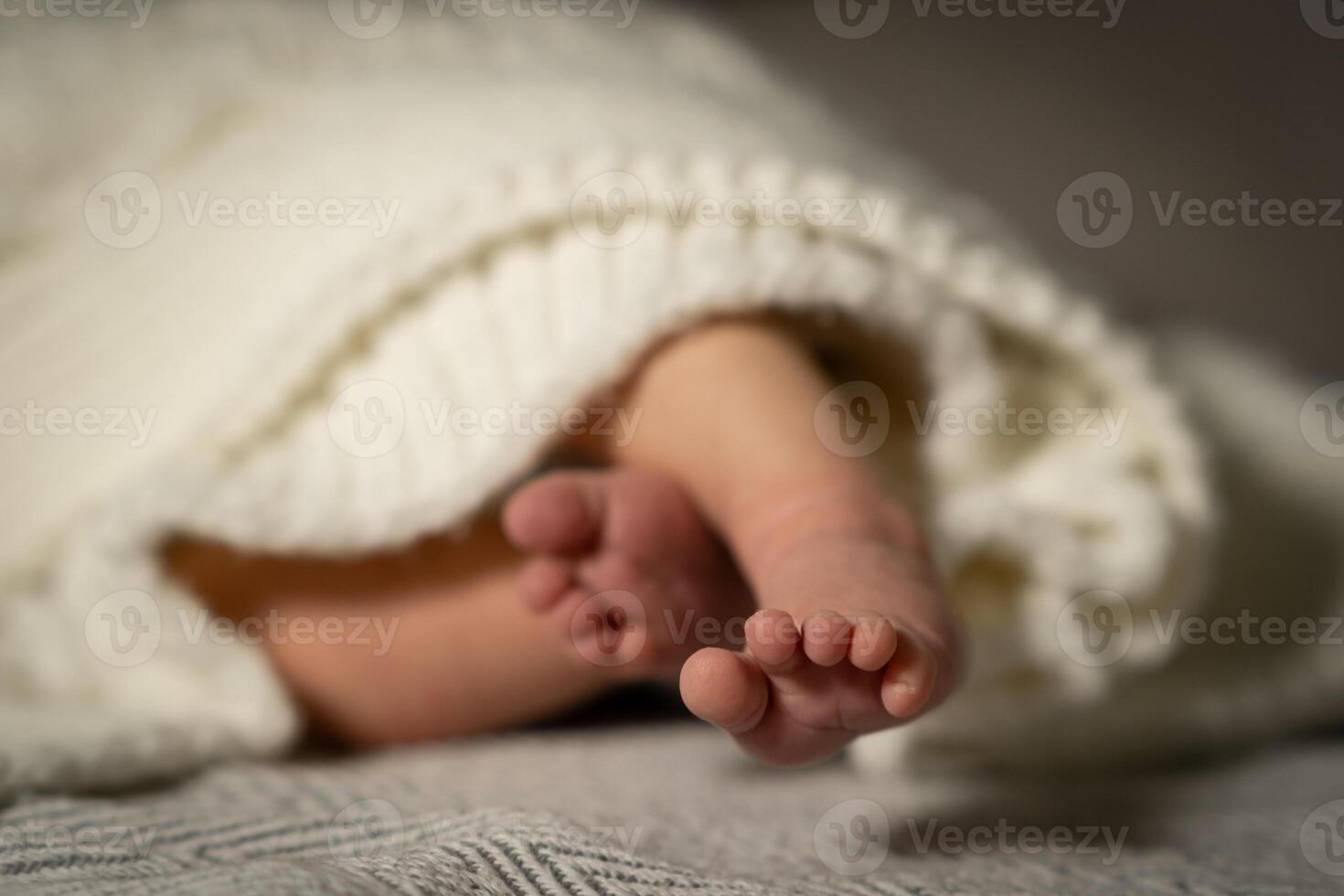 Cozy baby feet peeking out from a soft cream blanket during a peaceful nap at home photo