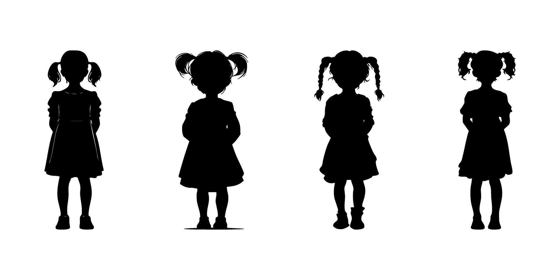 Silhouette Icon Set Of Standing Girls With Pigtails. Child Posture And Growth Observation Symbol Collection. Educational And Parenting Visuals. Isolated Illustration vector