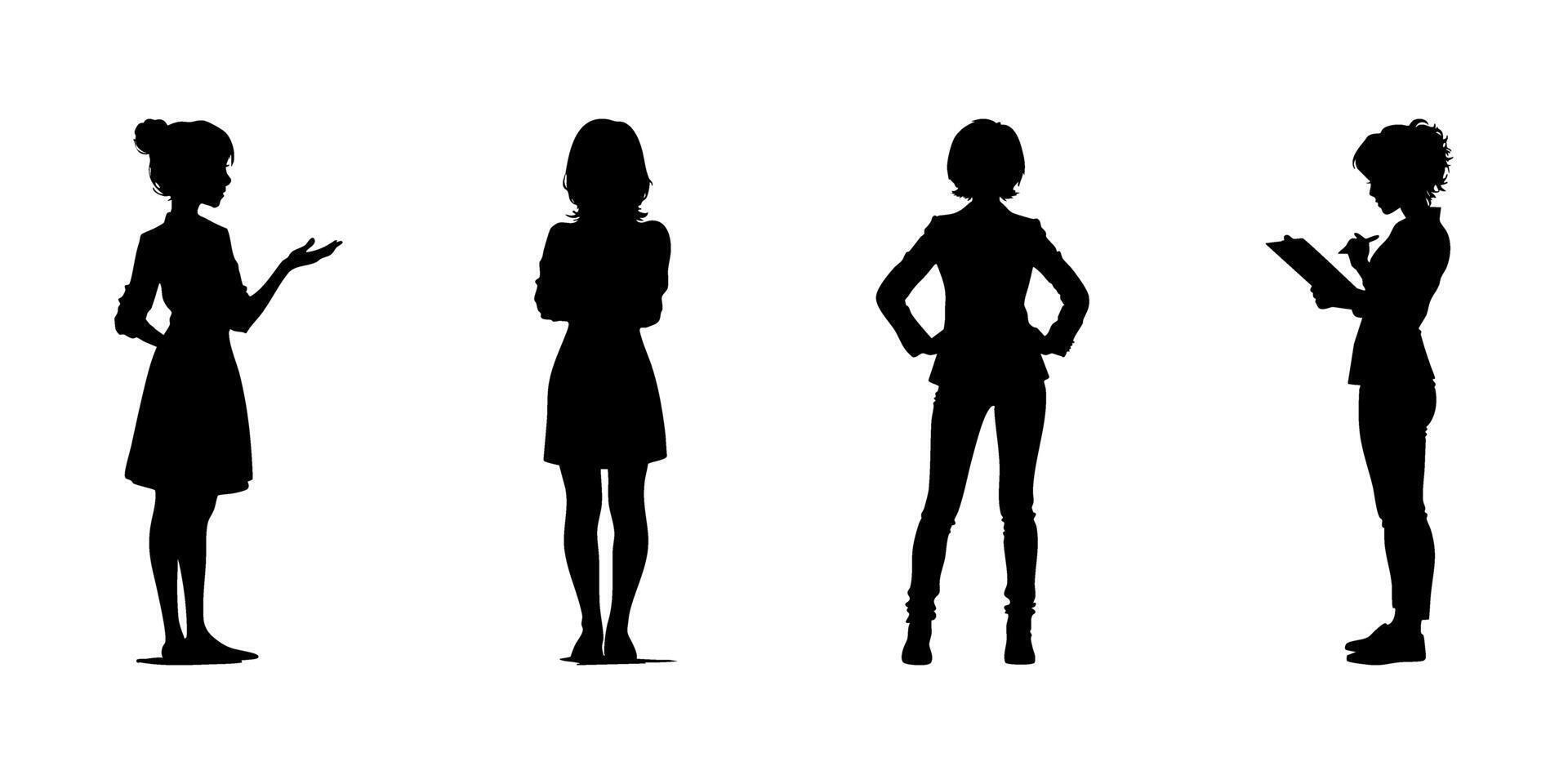 Women In Professional Poses Silhouette Icon Set. Business Communication And Posture Reference Symbol Collection. Corporate And Presentation Visuals. Isolated Illustration vector