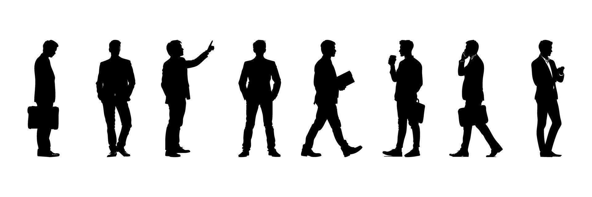 Business Professionals In Various Poses Silhouette Icon Set. Corporate Activity And Communication Symbol Collection. Office And Workplace Visuals. Isolated Illustration vector