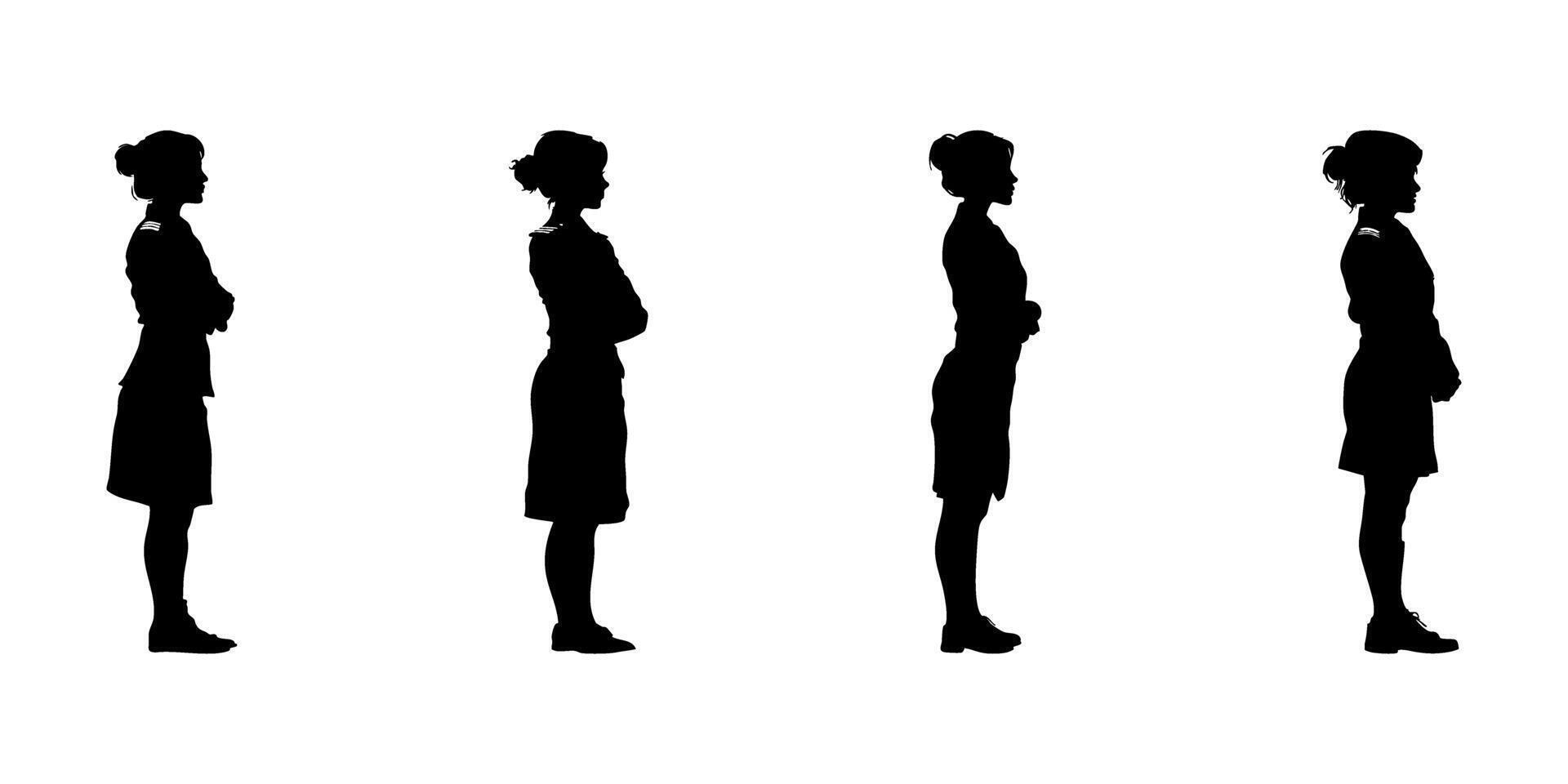 Silhouetted Women In Side View Solid Icon Set. Professional Posture And Uniform Representation Symbol Collection. Career And Occupation Visuals For Design And Education. Isolated Illustration vector