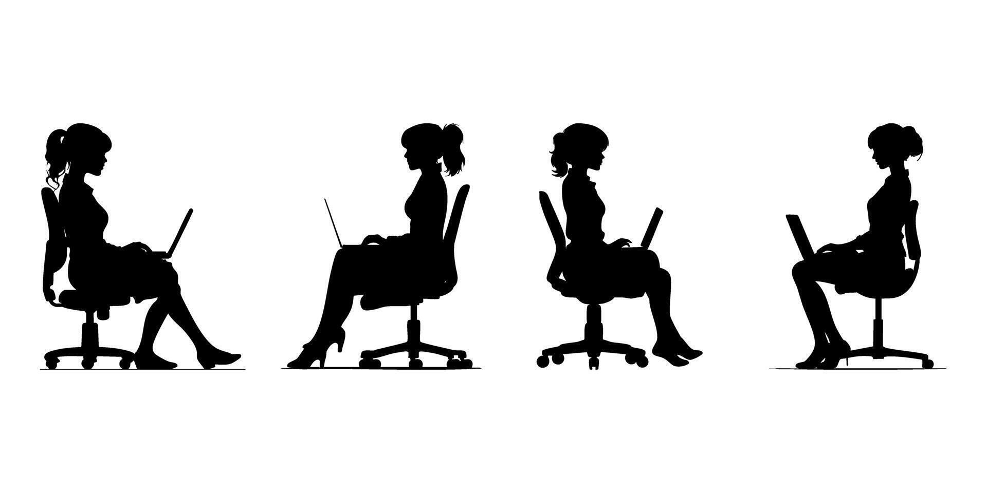 Seated Women With Laptops Silhouette Icon Set. Office Work And Productivity Theme Solid Symbol Collection. Business And Workplace Visuals. Isolated Illustration vector