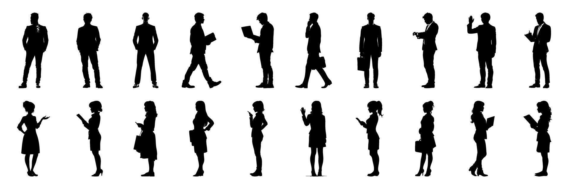 Business Professionals In Various Poses Silhouette Icon Set. Corporate Interaction And Communication Symbol Collection. Office And Workplace. Isolated Illustration vector