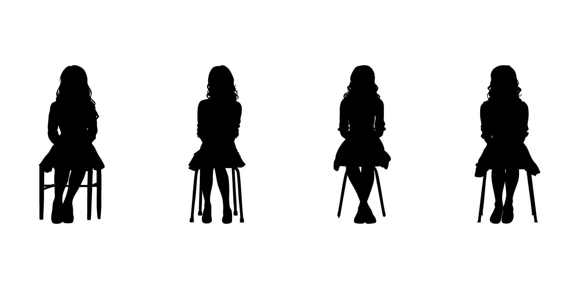 Seated Women Silhouettes In Solid Icon Set. Relaxation, Waiting, And Posture Reference Symbol Collection. vector