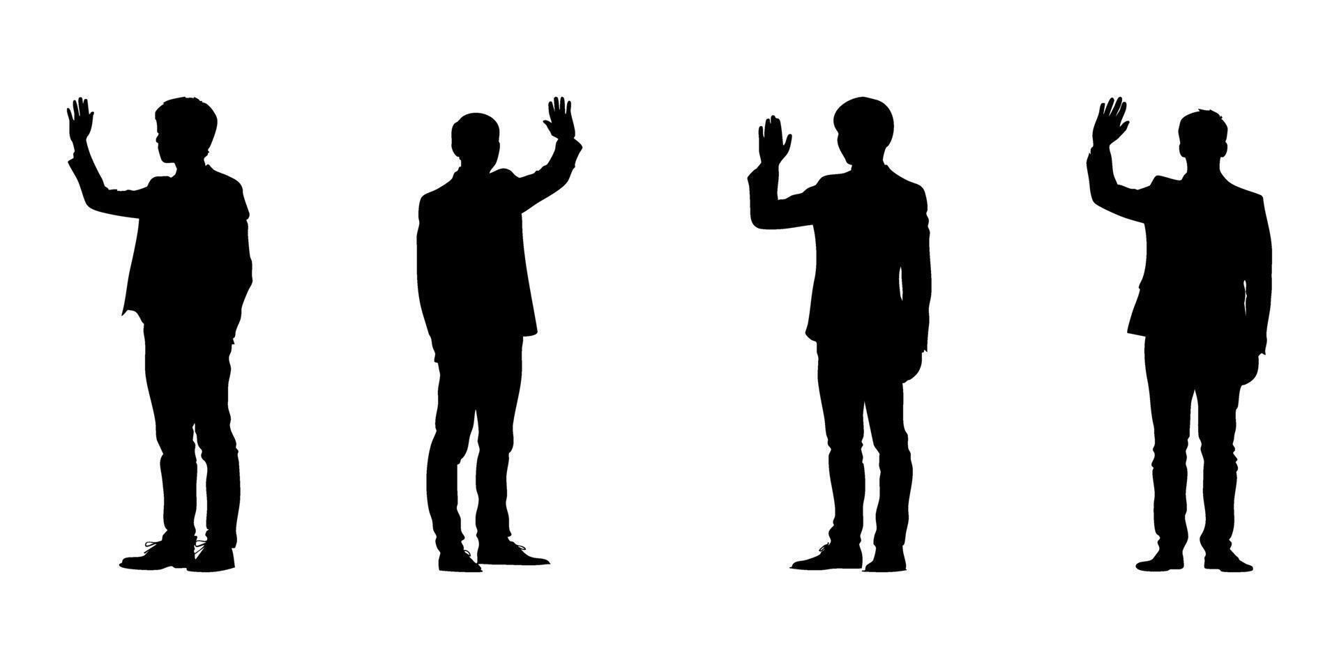 Silhouetted Men Waving In Solid Icon Set. Greeting And Communication Gesture Symbol Collection. Business And Social Interaction Visuals. Isolated Illustration vector
