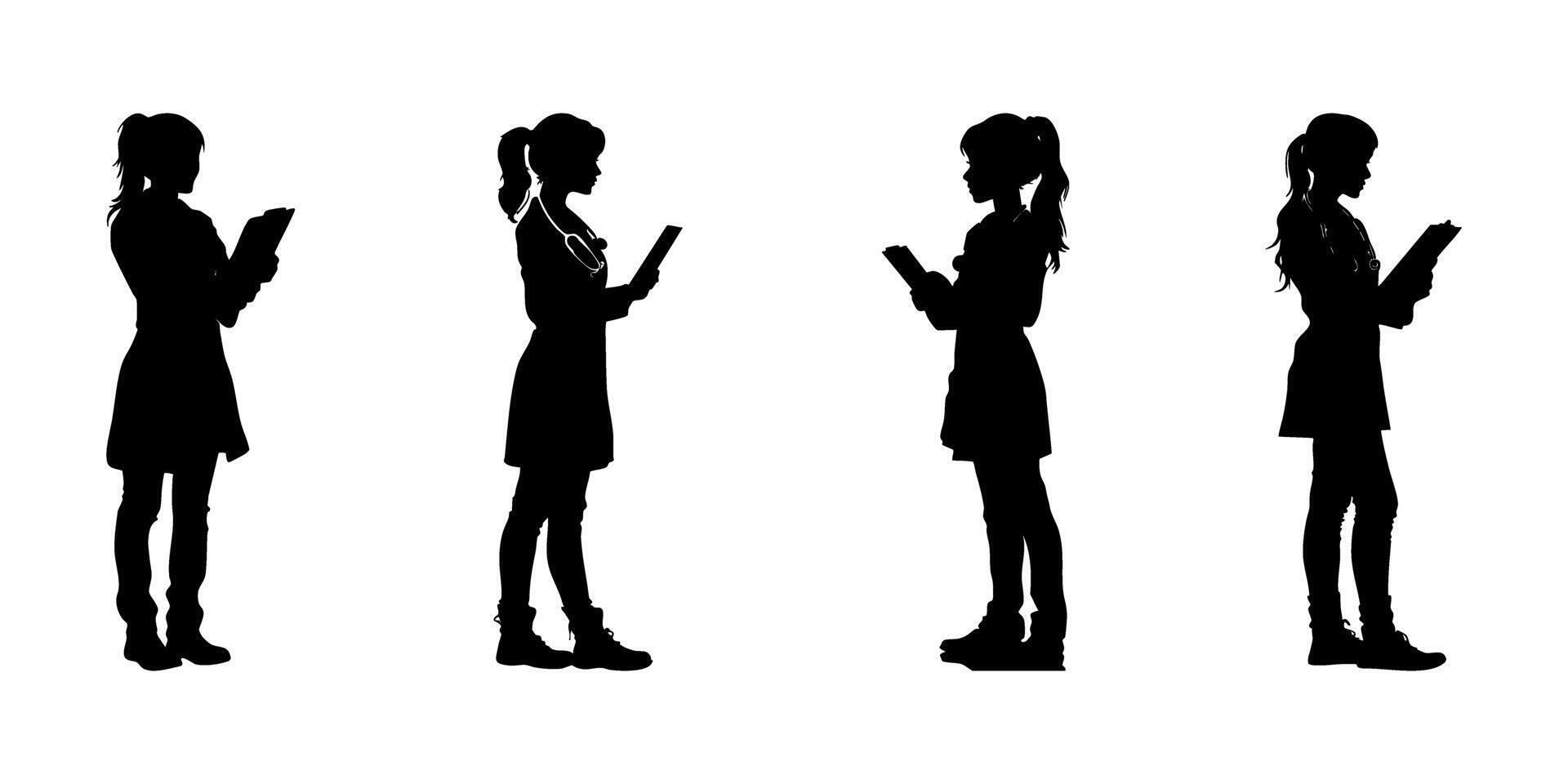 Silhouette Of Women Reading Books Icon Set. Educational And Learning Theme Solid Symbol Collection. Ideal For Educational, Library, And Literacy Campaigns. Isolated Illustration vector