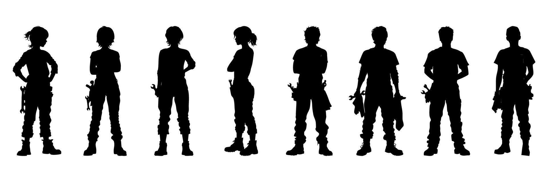Construction Workers Silhouette Icon Set. Tradespeople And Tool-Carrying Professionals Solid Symbol Collection. Industrial And Labor Visuals. Isolated Illustration vector