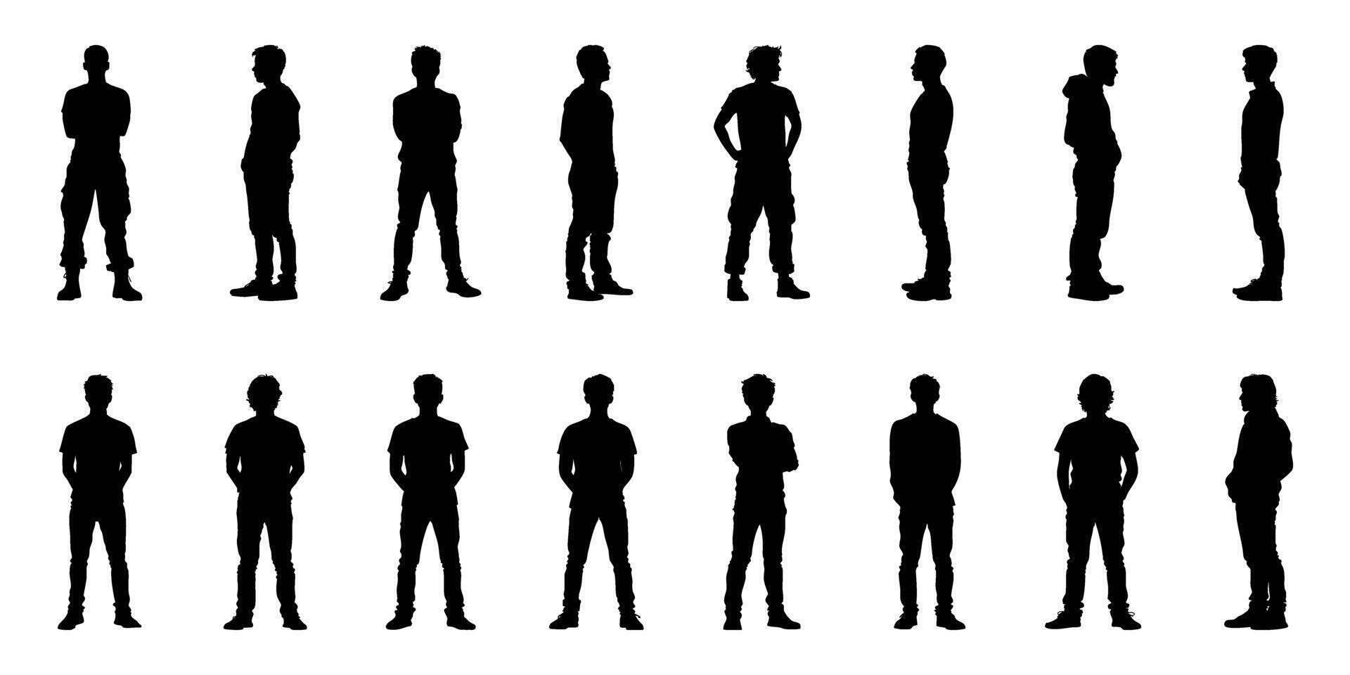Silhouetted Male Figures In Various Standing Poses Icon Set. Body Language And Posture Reference Solid Symbol Collection. Ideal For Design, Animation, And Educational. Isolated Illustration vector