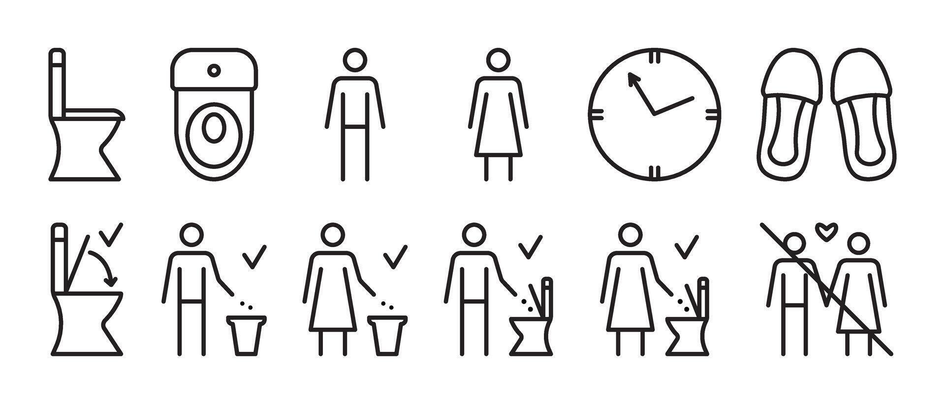 Black line icon set for public toilets, WC outline signs. Collection of monochrome pictograms for women and men restrooms, 12 editable stroke symbols vector
