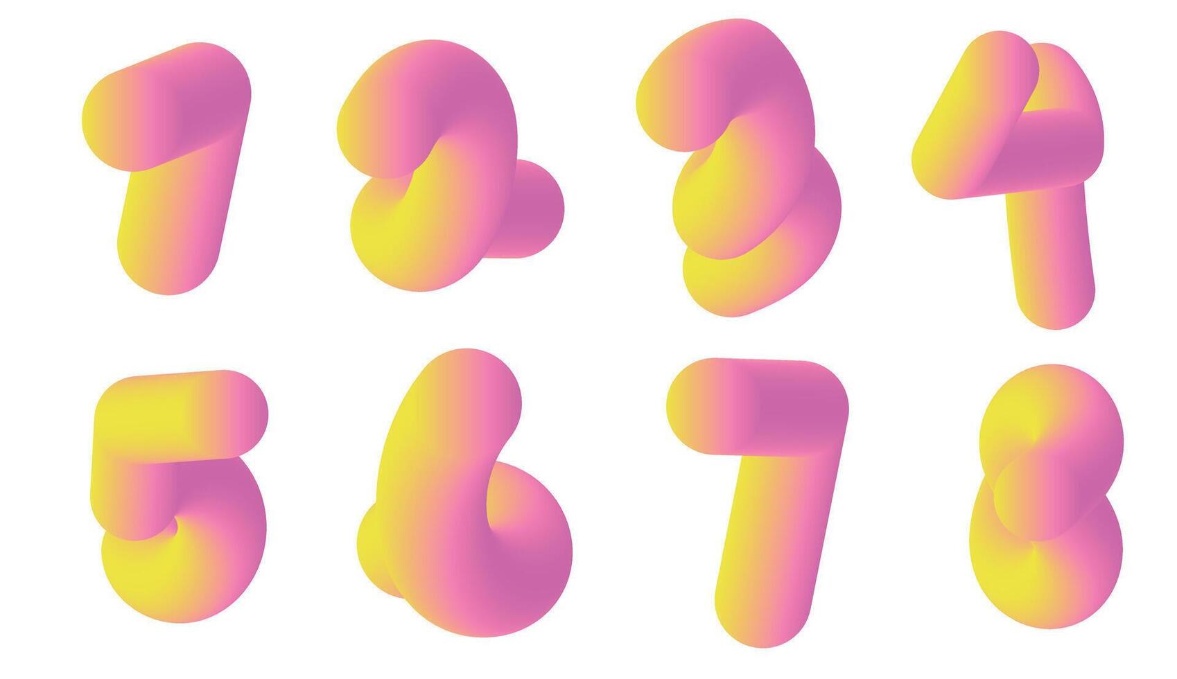Inflated, gradient pink and yellow 3D numbers from one to eight. vector