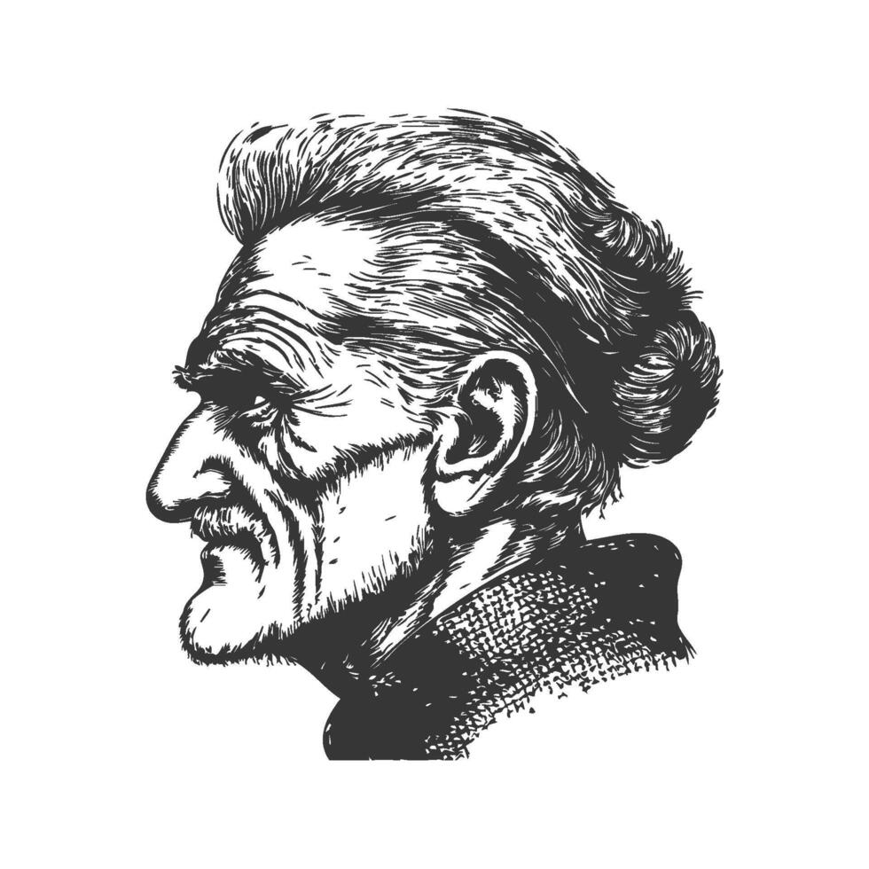 Elderly Man With Bun Hairstyle Black And White Silhouette Illustration. Wisdom And Experience In Aging. Isolated Illustration vector