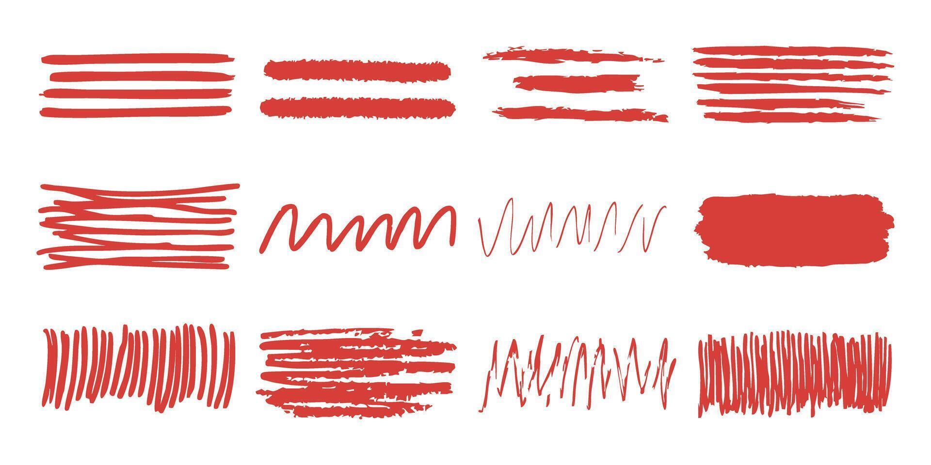 Red Brush Stroke And Line Art Set. Creative Design Elements For Artistic Projects Collection. Isolated Illustration vector