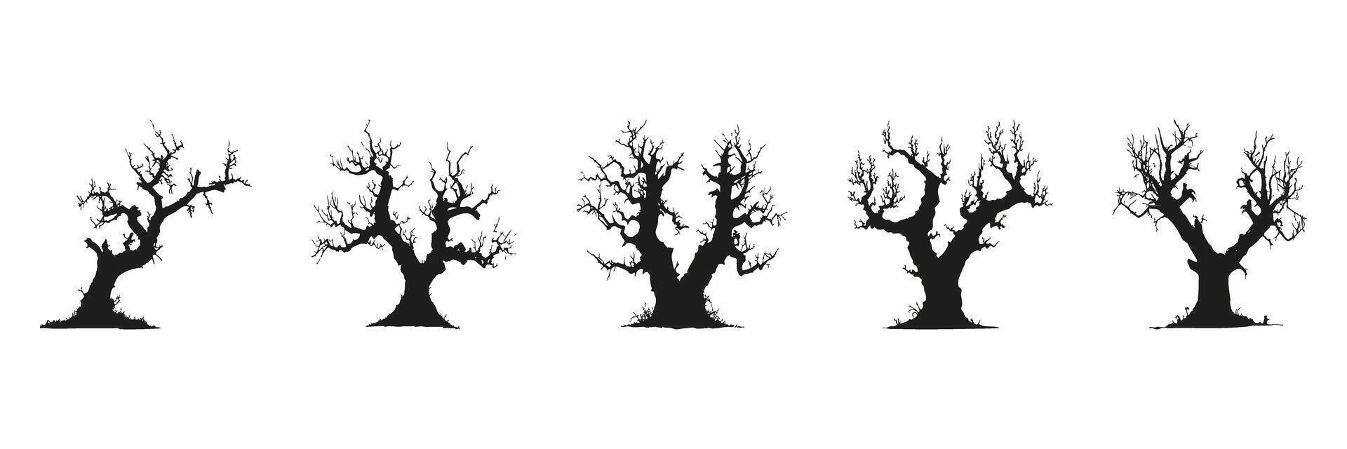 Bare Tree Silhouettes In Icon Set. Seasonal Change And Nature Symbol Collection. Environmental And Botanical Use. Isolated Illustration vector