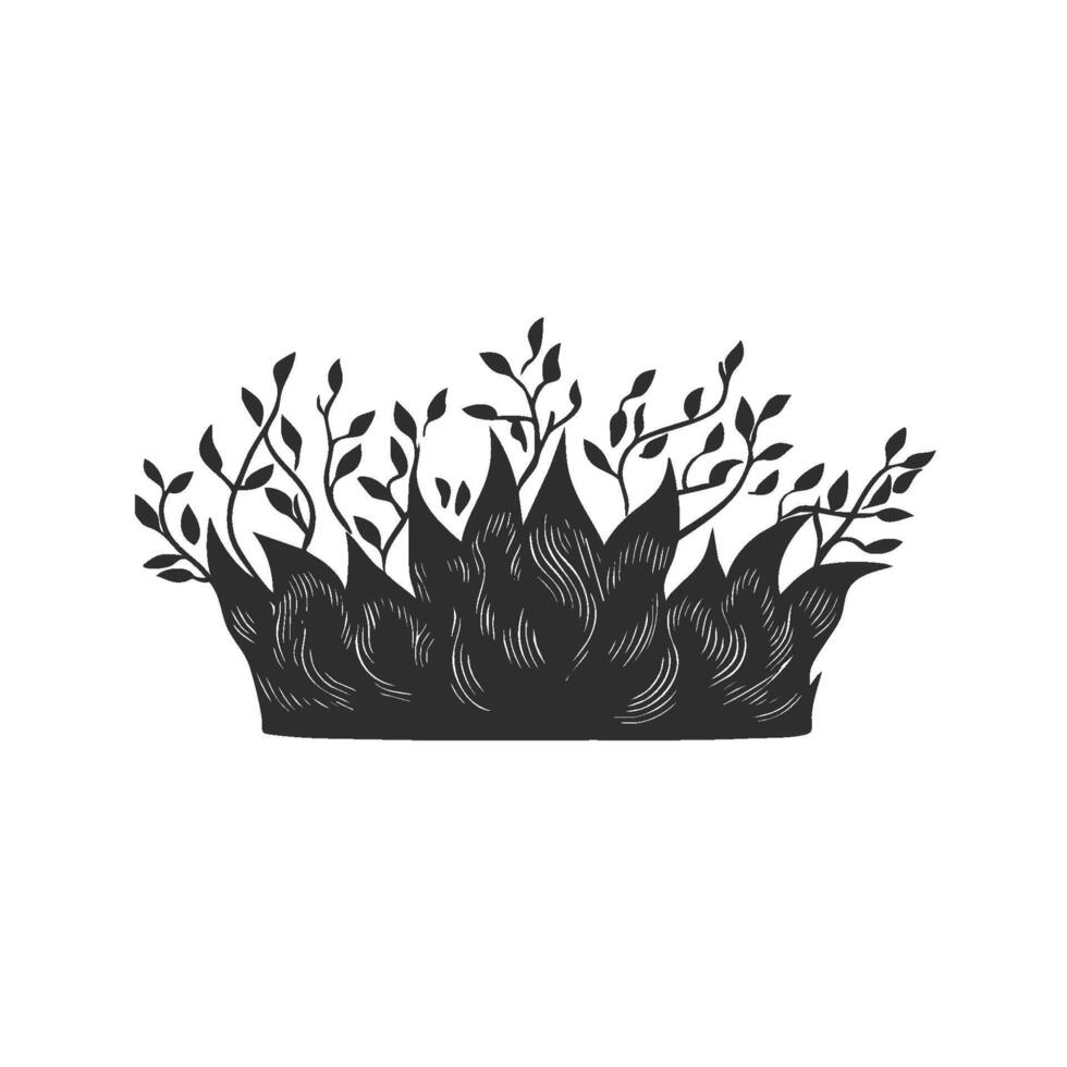 Crown With Leaves And Flames Silhouette Illustration. Nature And Royalty Fusion Design Isolated Illustration vector