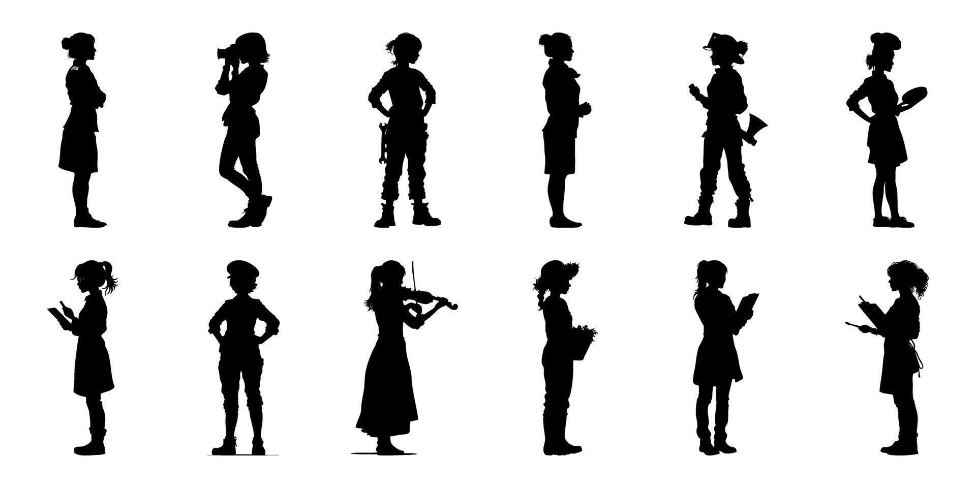 Silhouette Icon Set Of Diverse Female Figures In Various Occupations. Professional And Hobby Representation Solid Symbol Collection. Career And Lifestyle Visuals. Isolated Illustration vector