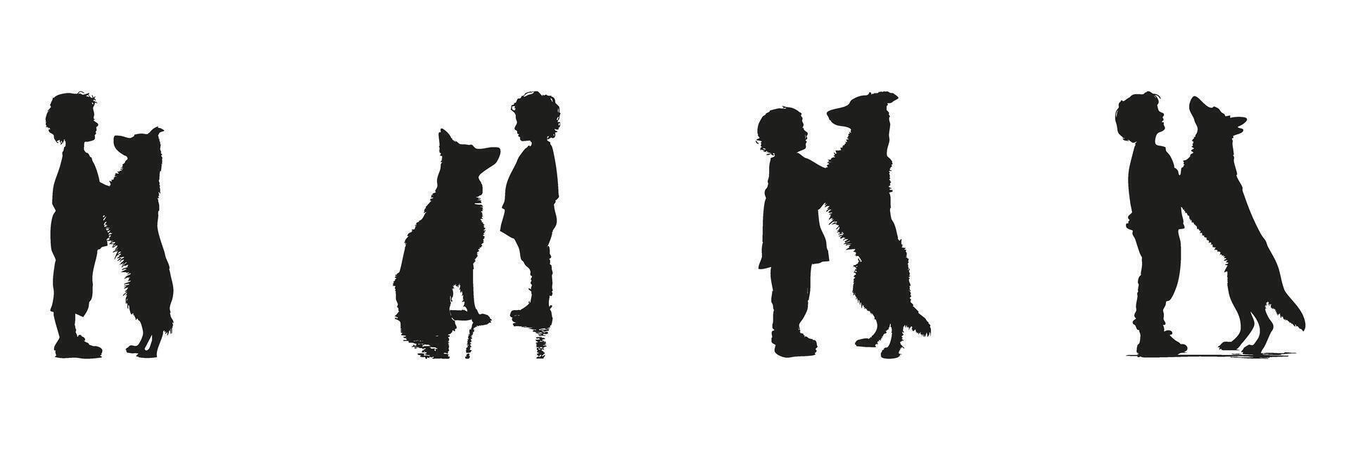 Child And Dog Interaction Silhouette Set. Friendship And Bonding Symbol Collection. Pet Care And Emotional Connection Use. Isolated Illustration vector