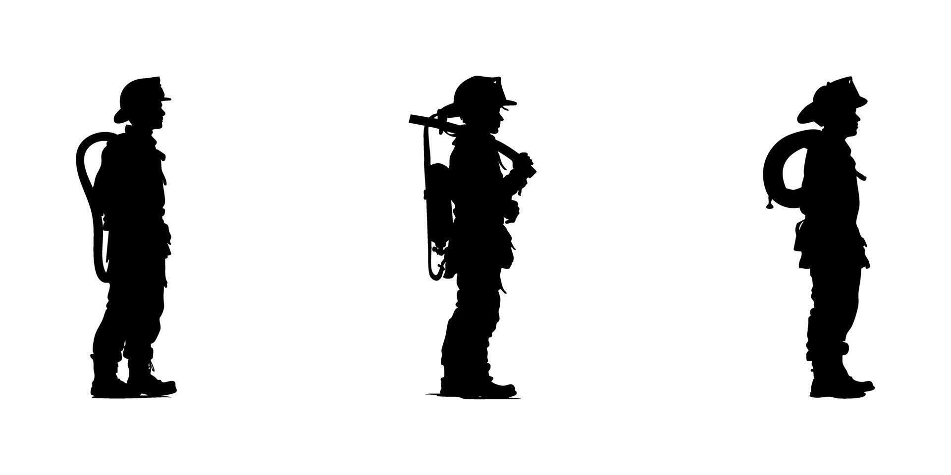 Firefighter Silhouette Icon Set. Emergency Response And Safety Equipment Symbol Collection. Firefighting And Rescue Services Visuals. Isolated Illustration vector