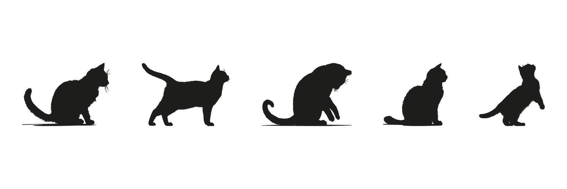 Cat Silhouettes In Solid Icon Set. Feline Behavior And Movement Symbol Collection. Pet Care And Animal Observation Use. Isolated Illustration vector