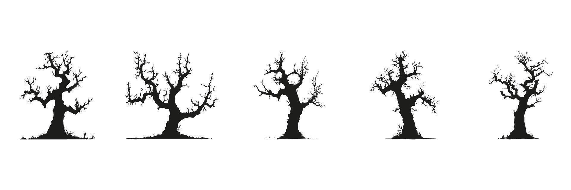 Bare Tree Silhouettes In Icon Set. Seasonal Change And Natural Environment Symbol Collection. Botanical And Ecological Use. Isolated Illustration vector