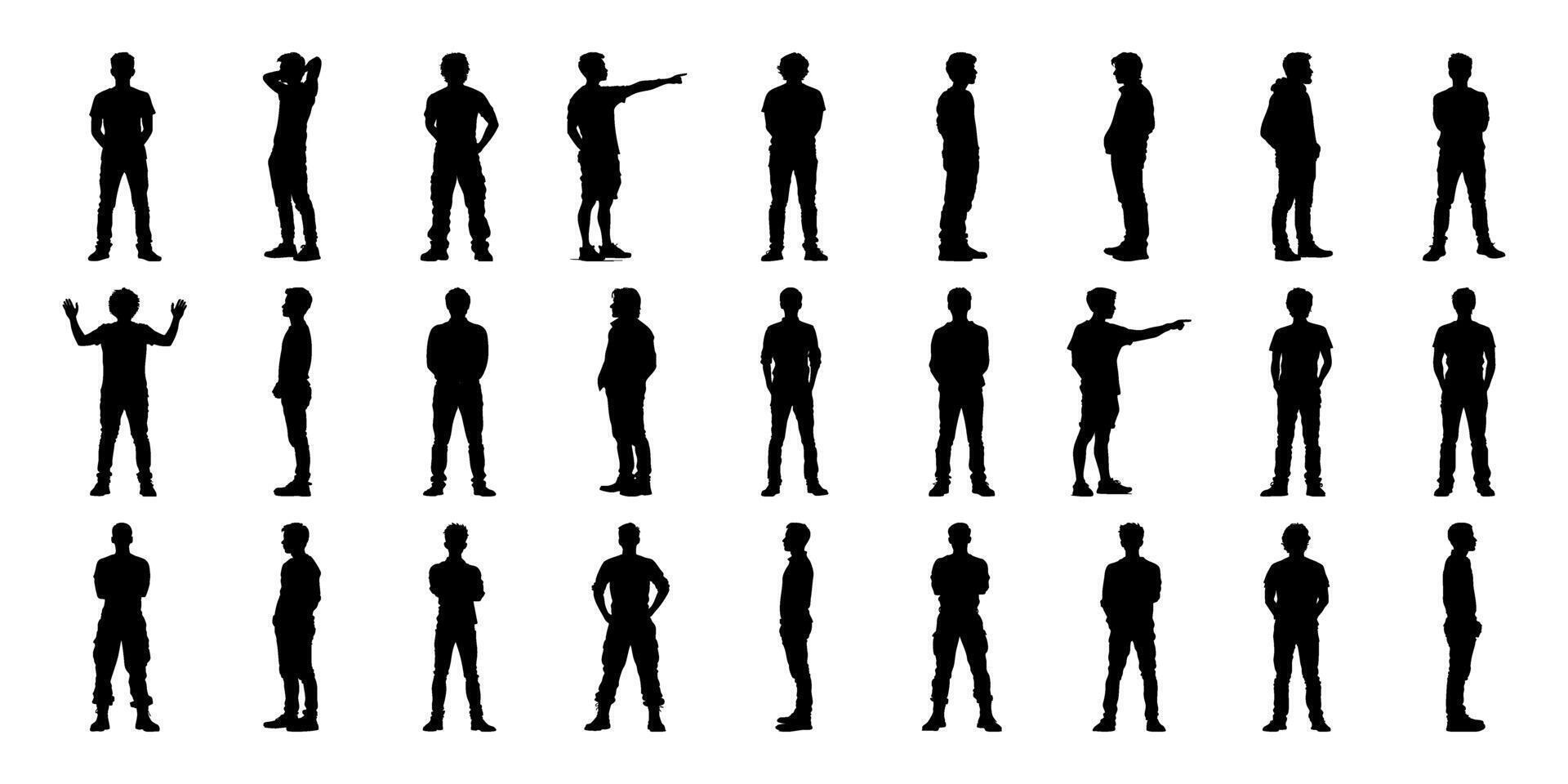 Silhouetted Male Figures In Various Poses Icon Set. Body Language And Gesture Representation Solid Symbol Collection. Design And Animation Reference. Isolated Illustration vector