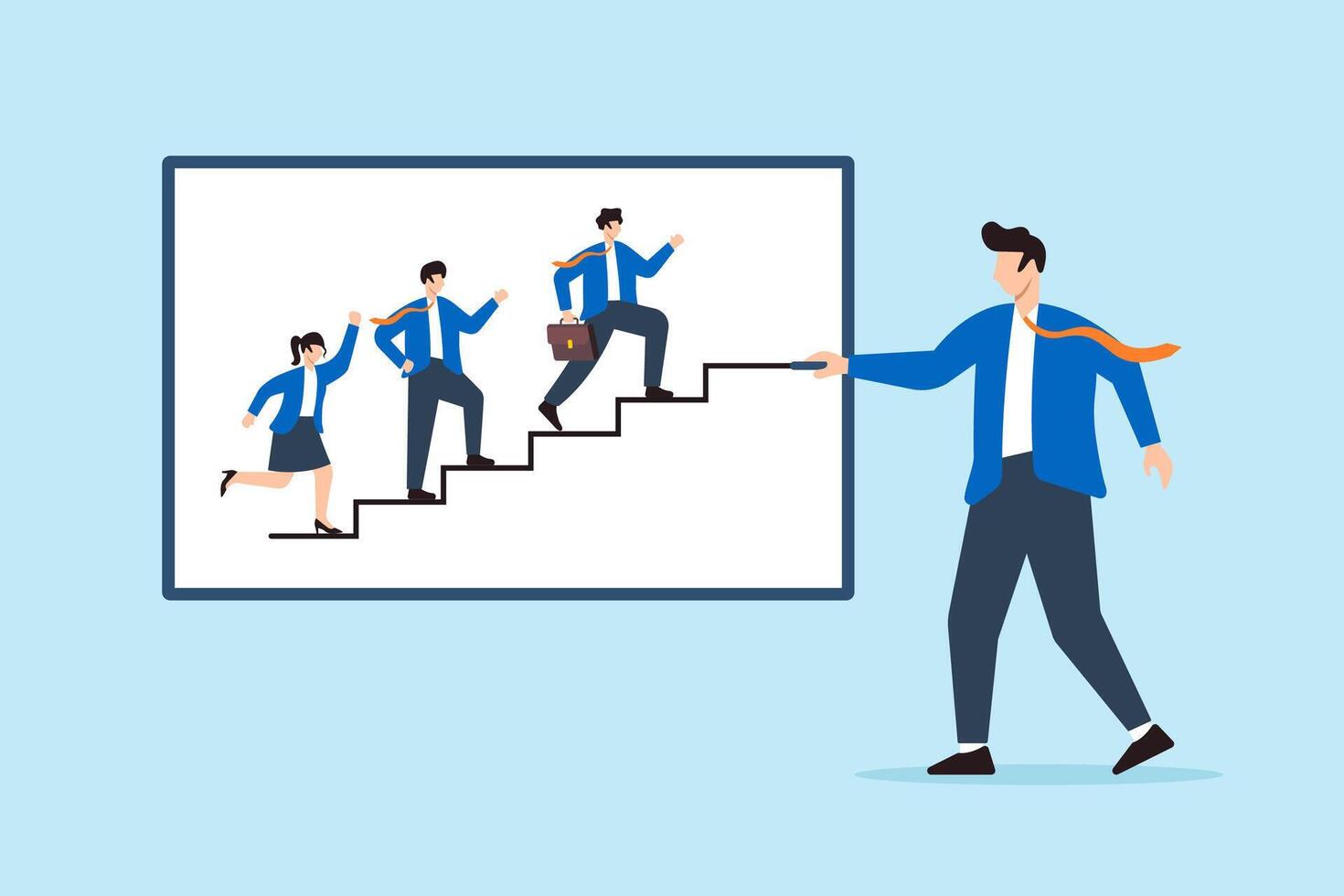 Flat illustration of business leader drawing staircase on whiteboard to visualize startup team progress and business growth strategy vector
