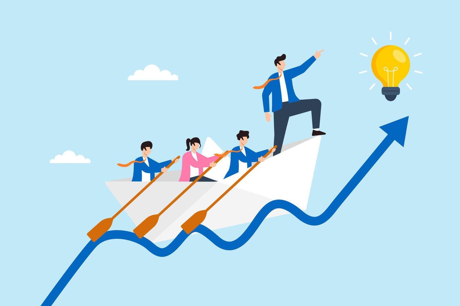 Flat illustration of business leader navigating paper boat with team on rising graph wave toward innovation and startup success vector