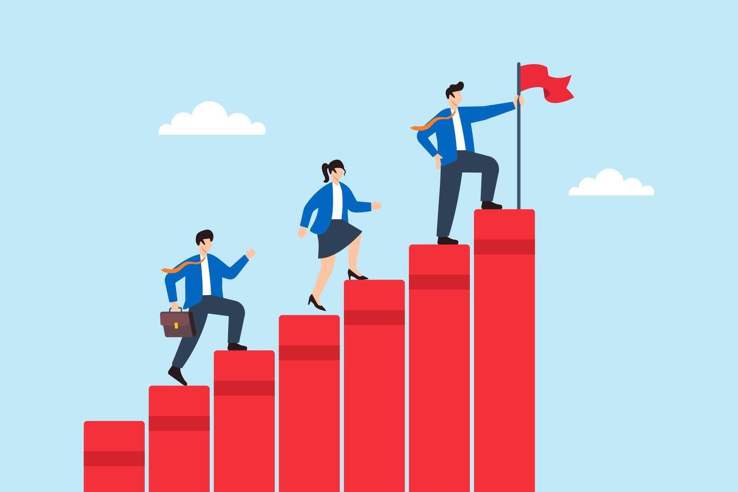 Flat illustration of business leader planting flag on top of red progress bars while team climbs steps of startup achievement vector
