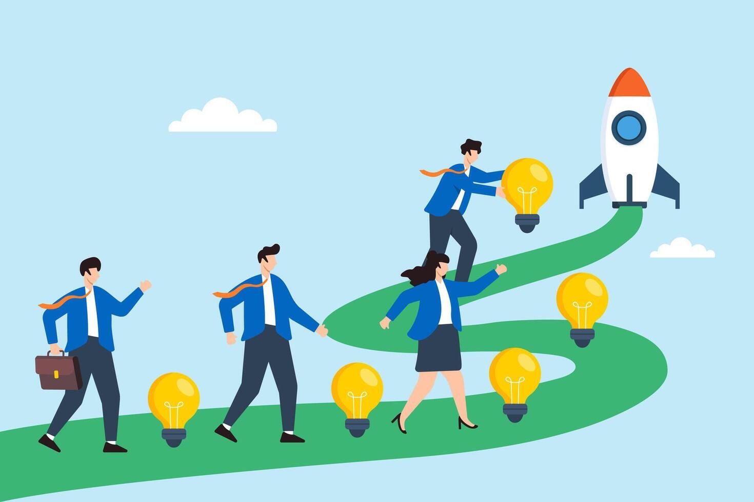 Flat illustration of business leader placing lightbulbs on innovation trail with team walking toward startup rocket vector