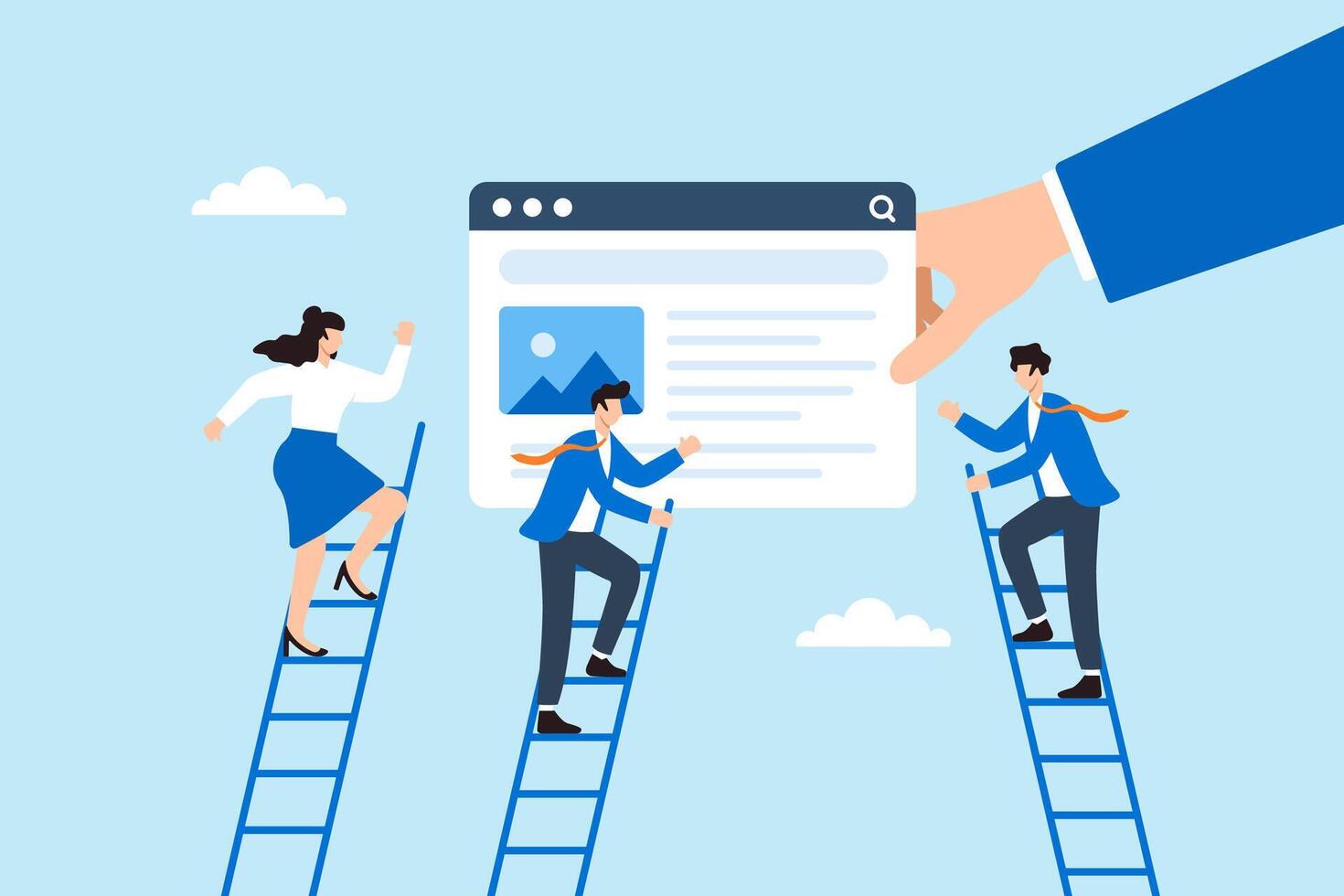 Flat illustration of business marketing team climbing ladders toward search engine result page held by giant hand vector