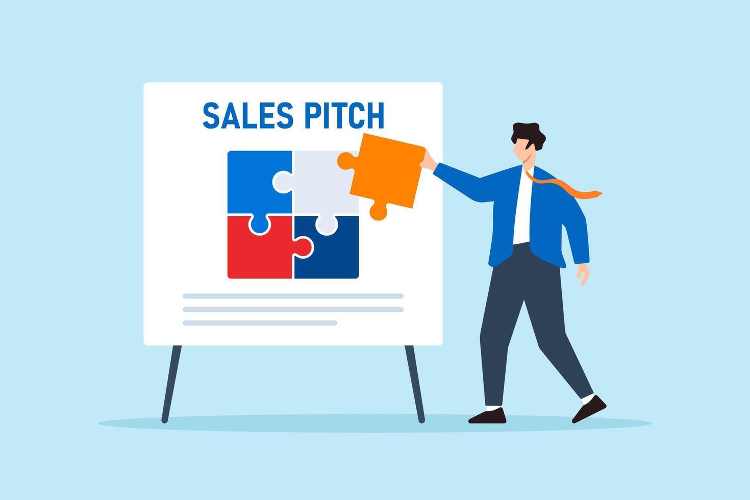 Flat illustration of confident businessman fitting final puzzle piece on whiteboard jigsaw to complete sales pitch strategy vector