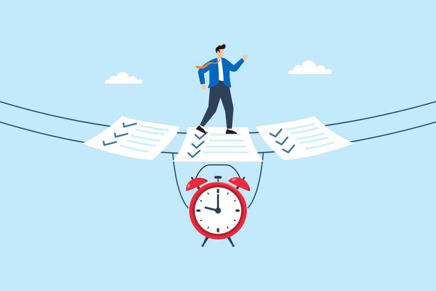 Flat illustration of businessman walking on checklist bridge suspended by alarm clock for concept of time management and task planning vector