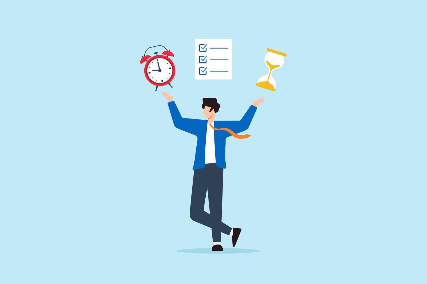 Flat illustration of businessman juggling alarm clock, hourglass, and checklist to manage business time pressure and schedule vector