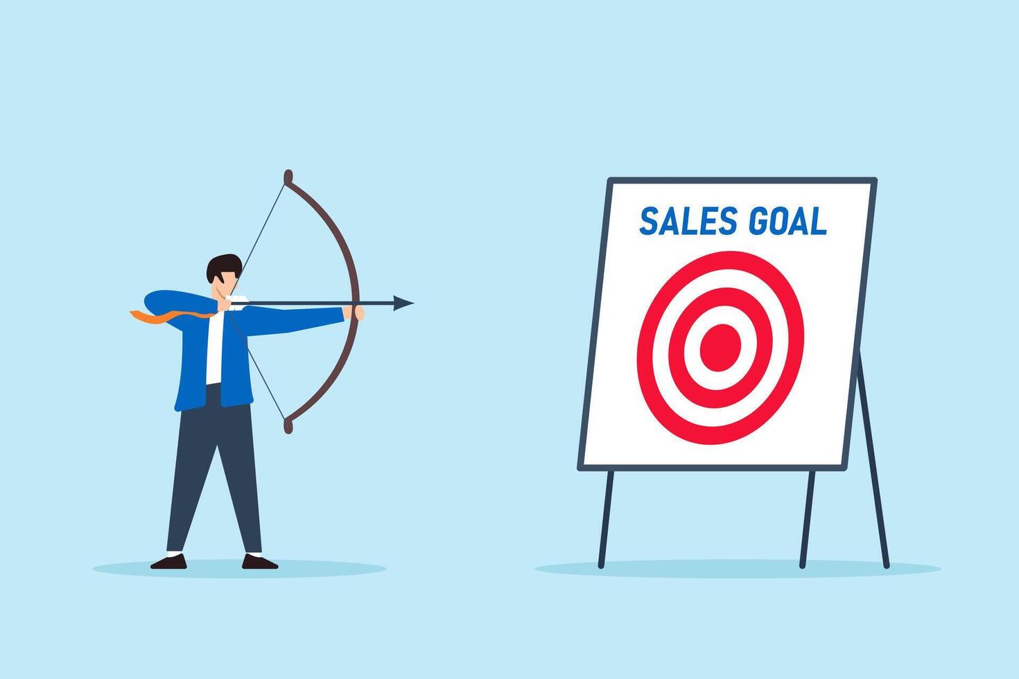 Flat illustration of confident businessman aiming bow and arrow at bullseye target labeled sales goal on whiteboard vector