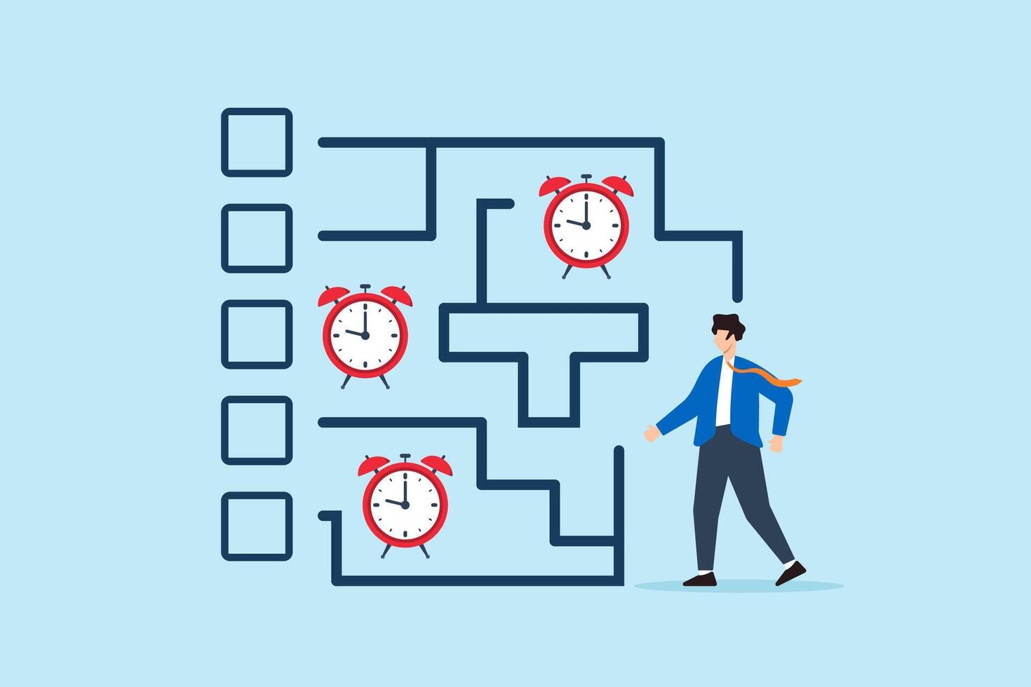Flat illustration of businessman walking through task maze with alarm clock deadlines as checkpoints for time management vector
