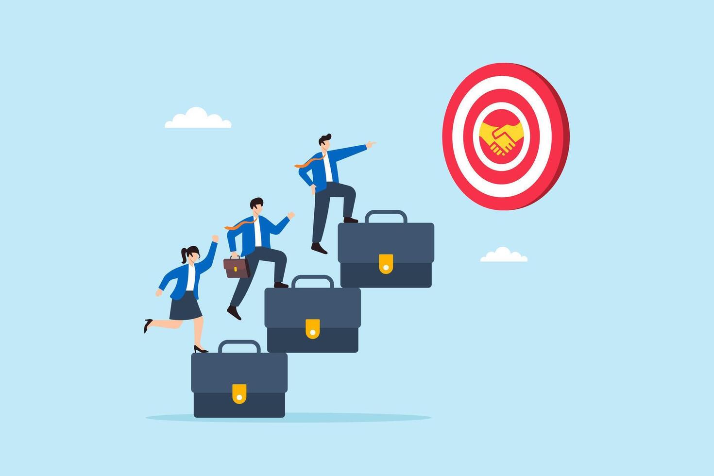 Flat illustration of business leader guiding team up stacked briefcase stairs to reach partnership success target vector