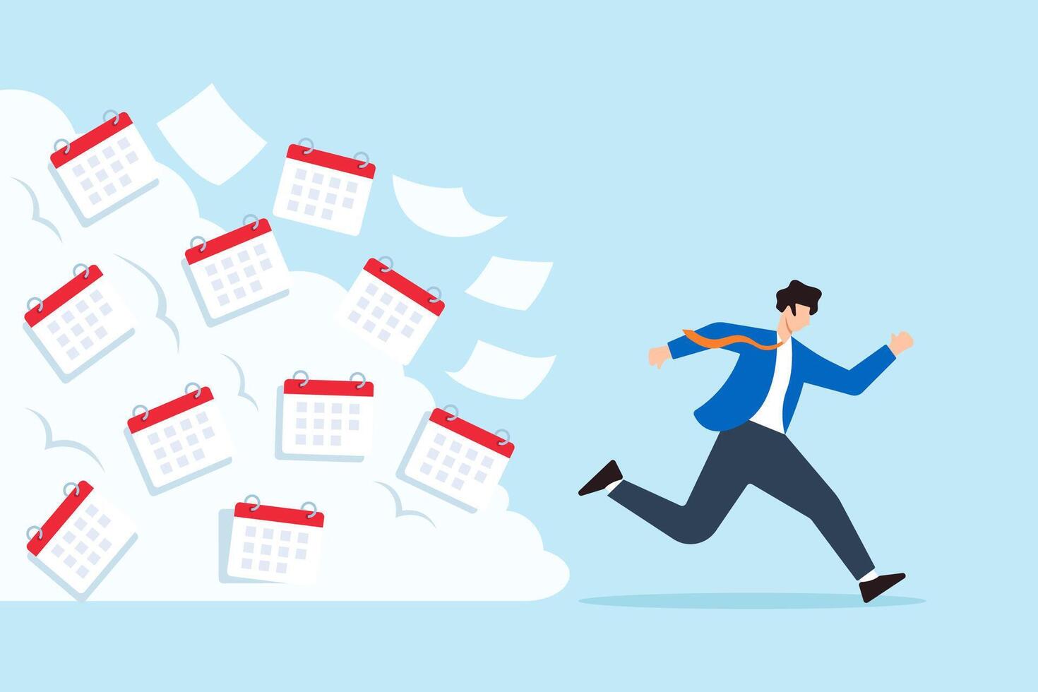 Flat illustration of frustrated businessman running from avalanche of calendar pages symbolizing deadline stress and time pressure vector