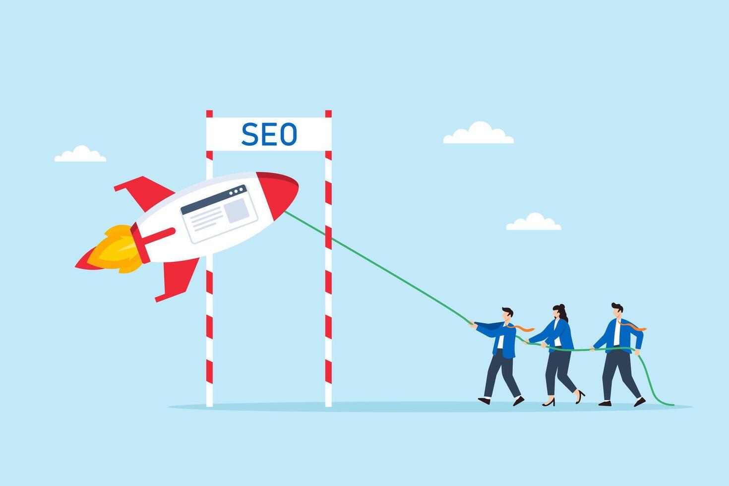 Flat illustration of business marketing team guiding website rocket through SEO checkpoint gate in ranking mission vector