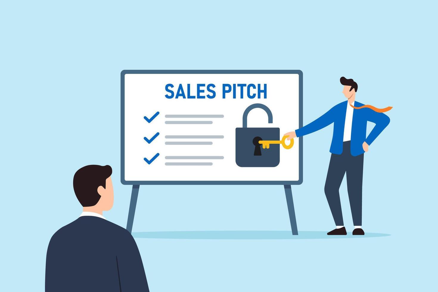 Flat illustration of confident businessman unlocking padlock on whiteboard to present sales pitch strategy to client vector