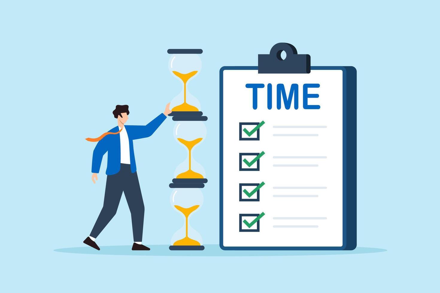 Flat illustration of businessman stacking hourglass blocks next to time checklist to represent deadline and productivity management vector