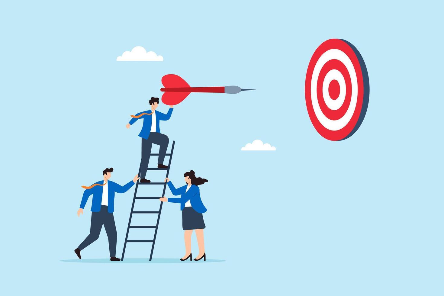 Flat illustration of business leader launching dart at target while team supports ladder as symbol of strategic planning and teamwork vector