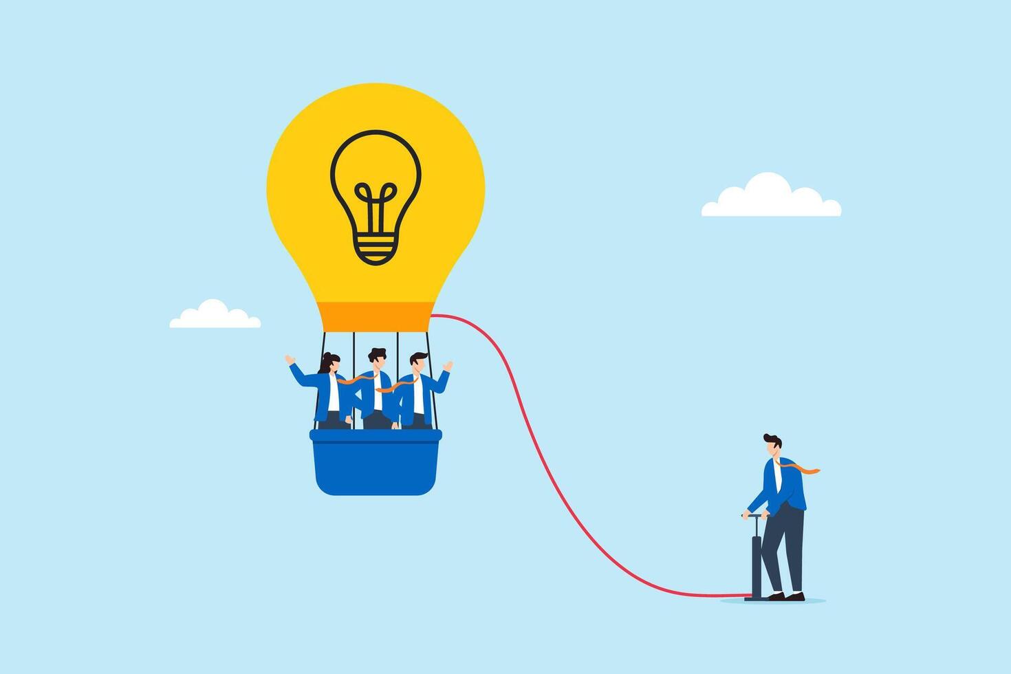 Flat illustration of business leader inflating idea balloon lifting team in basket toward innovation success vector